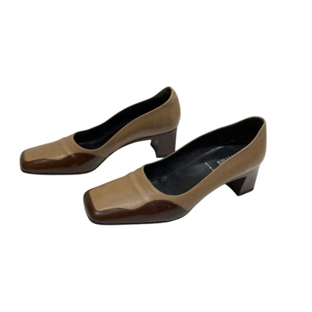 Massimo Italy Vintage Two-Tone Leather Block Heel Pumps Size 8B Taupe Square Toe